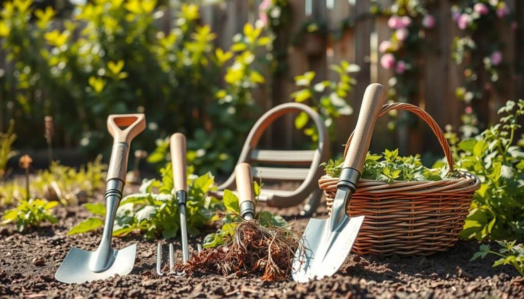 A picturesque backyard garden scene showcasing an array of essential manual weed removal tools. In the foreground, highlight a wooden-handled hoe, a weeding fork, and a hand trowel, each gleaming under soft, natural sunlight. The middle ground features a sturdy garden kneeler and a woven basket filled with freshly pulled weeds, symbolizing organic maintenance. Surrounding the tools, find vibrant green plants and a well-tended vegetable patch, emphasizing the garden's health. In the background, a fence with flowering climbing vines adds charm. Capture the image with a shallow depth of field, ensuring the tools are in sharp focus while the garden gently blurs into a soft bokeh. The overall atmosphere should feel warm, inviting, and inspiring for gardeners seeking chemical-free solutions. A picturesque backyard garden scene showcasing an array of essential manual weed removal tools. In the foreground, highlight a wooden-handled hoe, a weeding fork, and a hand trowel, each gleaming under soft, natural sunlight. The middle ground features a sturdy garden kneeler and a woven basket filled with freshly pulled weeds, symbolizing organic maintenance. Surrounding the tools, find vibrant green plants and a well-tended vegetable patch, emphasizing the garden's health. In the background, a fence with flowering climbing vines adds charm. Capture the image with a shallow depth of field, ensuring the tools are in sharp focus while the garden gently blurs into a soft bokeh. The overall atmosphere should feel warm, inviting, and inspiring for gardeners seeking chemical-free solutions.
