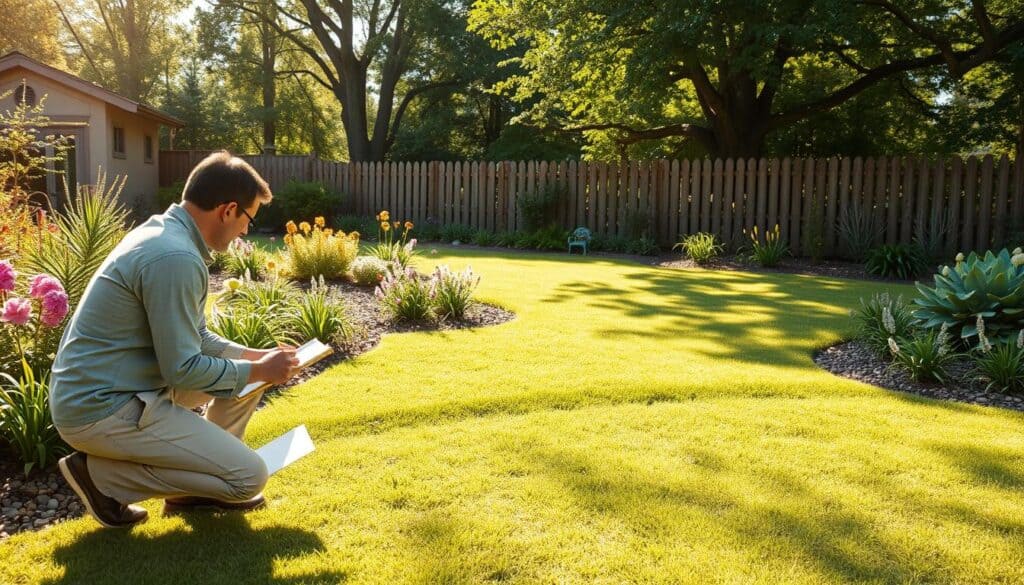 A picturesque backyard scene depicting a landscape designer assessing outdoor space and sunlight patterns. In the foreground, a professional landscape designer in modest casual clothing kneels with a notepad and pencil, studying the ground. The middle section features vibrant greenery, dotted with colorful flower beds and various plants, all bathed in bright natural light. Sunlight casts soft shadows, showcasing different zones of sun and shade throughout the garden. In the background, a charming wooden fence encloses the yard, and tall trees provide dappled sunlight. The atmosphere is calm and inspiring, encapsulated by the golden hour glow, offering a sense of tranquility and creativity in landscape design.