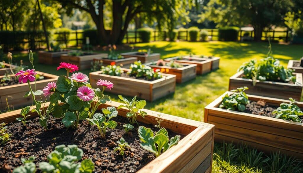 A picturesque backyard scene featuring DIY raised garden beds crafted from reclaimed wood, showcasing various vegetables and flowers in vibrant colors. In the foreground, a close-up of a well-constructed garden bed filled with healthy plants, highlighting the texture of the wood and soil. The middle ground reveals multiple garden beds arranged in a neat pattern, with a variety of plants peeking out, suggesting a flourishing garden. The background features a lush green lawn and soft sunlight filtering through the leaves of nearby trees, creating a warm, inviting atmosphere. The lighting is bright and natural, enhancing the colors of the plants and wood. The overall mood conveys a sense of creativity, sustainability, and practicality for budget-conscious gardening enthusiasts. A picturesque backyard scene featuring DIY raised garden beds crafted from reclaimed wood, showcasing various vegetables and flowers in vibrant colors. In the foreground, a close-up of a well-constructed garden bed filled with healthy plants, highlighting the texture of the wood and soil. The middle ground reveals multiple garden beds arranged in a neat pattern, with a variety of plants peeking out, suggesting a flourishing garden. The background features a lush green lawn and soft sunlight filtering through the leaves of nearby trees, creating a warm, inviting atmosphere. The lighting is bright and natural, enhancing the colors of the plants and wood. The overall mood conveys a sense of creativity, sustainability, and practicality for budget-conscious gardening enthusiasts.