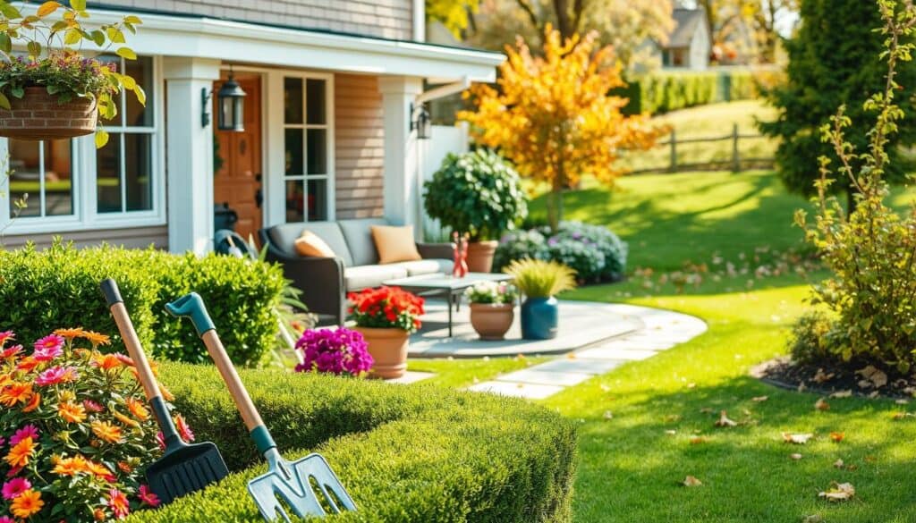 A picturesque backyard scene focused on seasonal maintenance. In the foreground, a well-maintained garden with vibrant flower beds and neatly trimmed hedges, featuring tools like a rake and watering can. The middle ground showcases a cozy patio area with comfortable outdoor furniture, surrounded by potted plants and decorative lighting. In the background, a lush lawn with autumn leaves scattered, hinting at seasonal changes. Bright natural light streams in, creating soft shadows and a warm atmosphere. The image should convey a sense of tranquility and organization, highlighting the value of proper seasonal care in enhancing a home’s backyard appeal. No people are present, emphasizing a serene and inviting outdoor space.