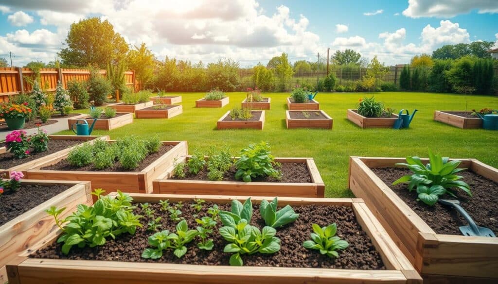 A picturesque backyard scene showcasing various DIY raised garden beds constructed from natural wood and enhanced with colorful flowers and leafy vegetables. In the foreground, a close-up view of intricately designed wooden beds, displaying rich soil and vibrant green plants with neat rows of herbs and vegetables. In the middle ground, additional garden beds can be seen, arranged harmoniously, with garden tools like trowels and watering cans placed nearby. The background features a lush green lawn and a bright blue sky with soft, fluffy clouds, bathed in warm, natural sunlight creating a welcoming atmosphere. The overall ambiance is serene and encouraging for gardeners, highlighting a successful, productive garden space.
