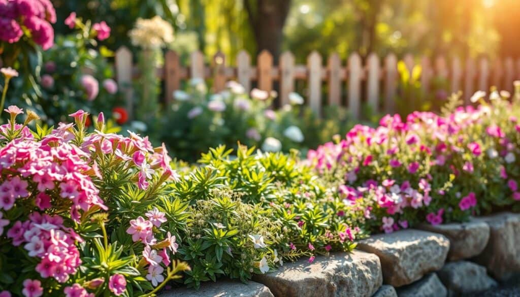 A picturesque cottage garden brimming with vibrant, flowering ground cover plants that trail gracefully along the borders. In the foreground, clusters of pink, purple, and white blossoms interweave with lush green foliage, creating a tapestry of colors and textures. The middle ground features verdant creeping thyme and delicate phlox, gently spilling over rustic stone edges. The background showcases a soft blurred view of a charming wooden fence and sun-dappled trees, enhancing the serene atmosphere. Illuminated by bright, natural sunlight filtering through, the scene emits a warm, inviting glow, reminiscent of a tranquil summer afternoon. The overall composition invites viewers to experience the enchanting allure of low-growing plants perfect for garden edging. A picturesque cottage garden brimming with vibrant, flowering ground cover plants that trail gracefully along the borders. In the foreground, clusters of pink, purple, and white blossoms interweave with lush green foliage, creating a tapestry of colors and textures. The middle ground features verdant creeping thyme and delicate phlox, gently spilling over rustic stone edges. The background showcases a soft blurred view of a charming wooden fence and sun-dappled trees, enhancing the serene atmosphere. Illuminated by bright, natural sunlight filtering through, the scene emits a warm, inviting glow, reminiscent of a tranquil summer afternoon. The overall composition invites viewers to experience the enchanting allure of low-growing plants perfect for garden edging.