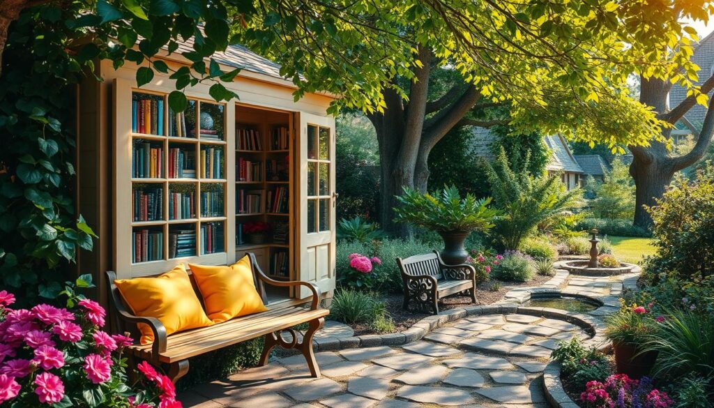A picturesque garden library shed nestled among vibrant flowers and lush greenery. The shed features large, charming windows displaying neatly arranged bookshelves filled with colorful novels and cozy reading nooks. In the foreground, a wooden bench with bright cushions invites relaxation, while a stone path leads to the entrance, framed by climbing vines. Soft sunlight filters through the leaves, creating dappled patterns on the ground. The middle layer showcases the well-maintained garden, dotted with decorative plants and a small water feature that adds a tranquil ambiance. In the background, towering trees provide a sense of privacy. The overall mood is warm and inviting, evoking a peaceful retreat perfect for reading or unwinding in nature.