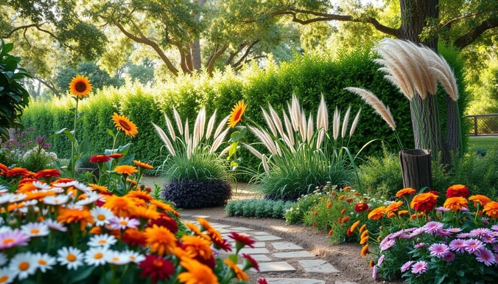 A picturesque garden scene demonstrating depth in landscaping. In the foreground, vibrant, colorful flowering plants like daisies and marigolds with varying heights, carefully arranged to create an inviting entryway. The middle ground features taller plants such as sunflowers and ornamental grasses, providing richness and layering effect. In the background, a lush green hedge and towering trees create a sense of enclosure and depth. Soft, warm sunlight filters through the branches, casting dappled shadows, enhancing the tranquil atmosphere. The angle captures the layered arrangement perfectly, with a shallow depth of field to emphasize the foreground while keeping the background subtly blurred. The overall mood is serene and harmonious, ideal for showcasing the fundamentals of garden depth.
