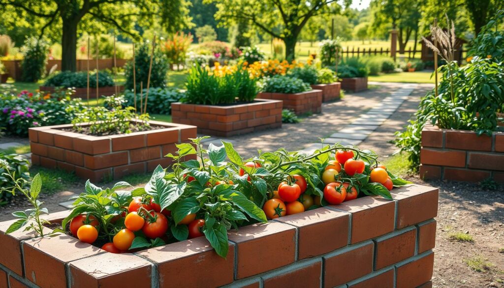 A picturesque garden scene featuring a variety of brick garden beds filled with vibrant tomatoes and peppers. In the foreground, focus on a well-constructed raised bed made of rustic red bricks, showcasing healthy plants with green leaves and ripe vegetables. The middle ground displays several additional brick beds of different heights and designs, surrounded by lush greenery and colorful flowers. In the background, a serene garden path winds through the landscape, bordered by soft sunlight filtering through tree branches, creating a warm and inviting atmosphere. The lighting is bright and natural, enhancing the vivid colors of the vegetables. The scene is captured from a slightly elevated angle, providing a comprehensive view of the charming layout and harmonious design.