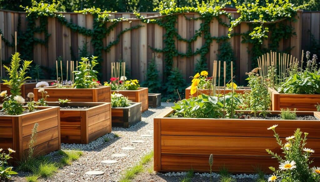 A picturesque garden scene featuring creative raised garden beds crafted from rich, warm cedar wood. In the foreground, a mix of unique raised bed designs showcases varying heights and shapes, filled with vibrant flowers, leafy greens, and herbs. The middle ground reveals a charming garden path lined with small stones, inviting viewers to explore. The background features a wooden fence adorned with climbing vines, bathed in soft, natural sunlight that casts gentle shadows, enhancing the textures of the raised beds. The atmosphere is cheerful and inviting, emphasizing a sense of creativity and craftsmanship in home gardening. The scene is captured from a slightly elevated angle, highlighting the designs and lush planting while ensuring everything remains well-lit and airy.