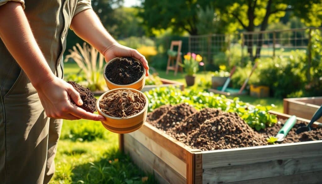 A picturesque garden scene focusing on a person analyzing different soil and compost samples for raised beds. In the foreground, a well-dressed individual, wearing casual gardening attire, holds two containers filled with rich, dark compost and lighter, loamy soil. The middle ground features a wooden raised bed filled with various soil textures, surrounded by lush green plants and garden tools. The background showcases a sunny garden with soft sunlight filtering through trees, creating a vibrant and inviting atmosphere. The lighting is warm and bright, enhancing the earth tones of the soil. The image captures a sense of knowledge and care, perfect for illustrating the selection process for the ideal soil mix in gardening. A picturesque garden scene focusing on a person analyzing different soil and compost samples for raised beds. In the foreground, a well-dressed individual, wearing casual gardening attire, holds two containers filled with rich, dark compost and lighter, loamy soil. The middle ground features a wooden raised bed filled with various soil textures, surrounded by lush green plants and garden tools. The background showcases a sunny garden with soft sunlight filtering through trees, creating a vibrant and inviting atmosphere. The lighting is warm and bright, enhancing the earth tones of the soil. The image captures a sense of knowledge and care, perfect for illustrating the selection process for the ideal soil mix in gardening.