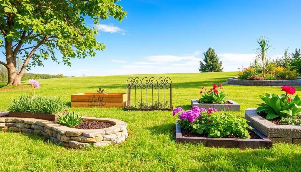 A picturesque garden scene showcasing five different DIY garden edging ideas that maintain clean flower beds year-round. In the foreground, feature a rustic stone border edging in a curved pattern, alongside a wooden raised bed with a natural finish. The middle ground should display a charming metal border with intricate designs, a sturdy bamboo edge, and a modern concrete block edging, all beautifully integrated into lush, vibrant flower beds. The background can include a serene lawn under a clear blue sky, with soft sunlight illuminating the scene, creating a warm and inviting atmosphere. The image should evoke feelings of tranquility and creativity, emphasizing a well-maintained outdoor space. Capture this from a slightly elevated angle to provide a comprehensive view.