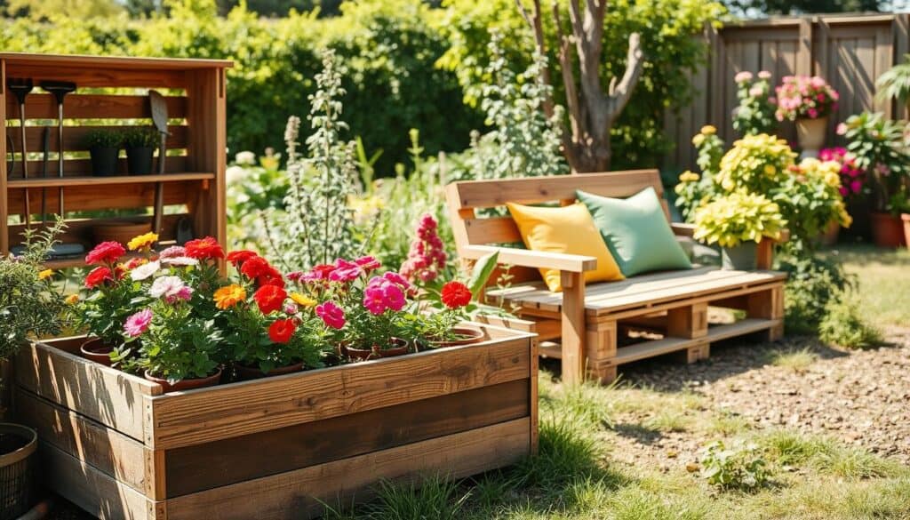 A picturesque garden scene showcasing innovative scrap wood garden projects designed for functional storage and organization. In the foreground, a handcrafted wooden planter box brimming with vibrant flowers sits beside a rustic shelving unit made from reclaimed wood, featuring organized gardening tools and potted plants. The middle ground reveals a cozy wooden bench made from pallets adorned with colorful cushions, inviting relaxation amidst nature. In the background, a lush garden with greenery and blooming plants captures the essence of a serene outdoor space. The image is illuminated by soft, bright natural light, creating a warm and inviting atmosphere. The angle is slightly elevated, providing a comprehensive view of the entire setup, highlighting both functionality and aesthetics.