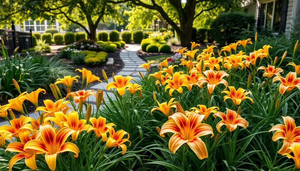 A picturesque garden scene showcasing vibrant daylilies in full bloom, featuring a mix of yellow, orange, and pink flowers. In the foreground, clusters of these hardy perennial plants with lush green foliage create a welcoming atmosphere, their petals glistening with morning dew. The middle ground has a neatly landscaped backyard with a charming stone pathway winding through the plants. In the background, soft sunlight filters through gentle tree branches, casting dappled light across the scene, enhancing the freshness of the garden. The image should evoke a sense of tranquility and ease, ideal for beginners looking to enjoy low-maintenance beauty in their outdoor spaces. The focus is sharp, with a slight bokeh effect on the background to emphasize the daylilies.