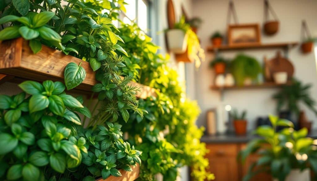 A picturesque indoor vertical herb garden, showcasing various fresh herbs like basil, mint, and rosemary arranged in tiered wooden planters against a bright, airy wall. The foreground captures lush, vibrant green leaves glistening with morning dew, inviting viewers to appreciate their freshness. In the middle ground, soft sunlight filters through a nearby window, casting warm, inviting shadows and illuminating the herbs. The background features a cozy kitchen setting with hints of rustic decor, like wooden shelves and hanging pots, enhancing the serene atmosphere. The image is captured with a soft-focus lens to create a dreamy aesthetic, conveying an inviting and nurturing mood perfect for small space gardening enthusiasts.