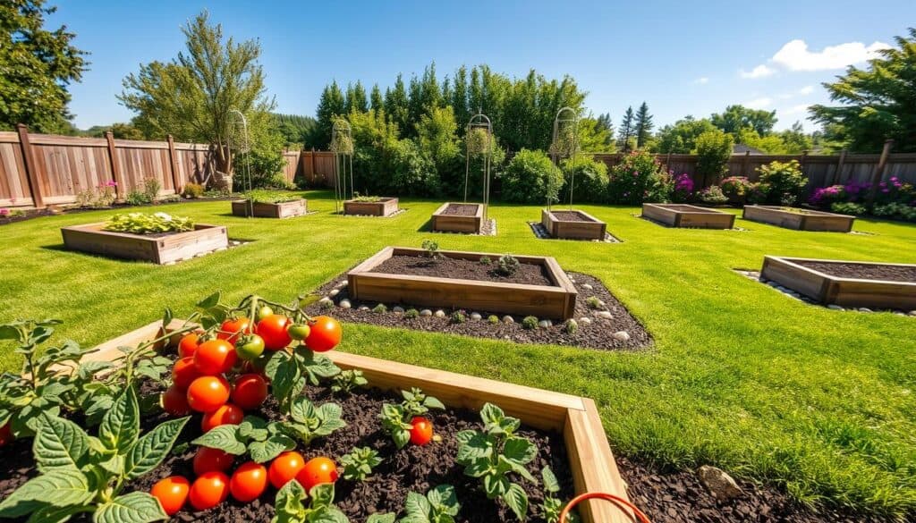 A picturesque raised garden bed layout in a serene backyard setting, showcasing multiple designs made from durable materials like cedar and recycled plastic. In the foreground, a rectangular garden bed filled with vibrant vegetables such as tomatoes and leafy greens. In the middle, various shapes of garden beds, including square, L-shaped, and circular, nestled in rich soil, surrounded by decorative stones and mulch. The background features a lush green lawn and blooming flowers, with a clear blue sky overhead. The scene is illuminated by soft, bright natural light, creating a warm and inviting atmosphere. The angle captures depth and the diverse layouts, highlighting practicality and aesthetic appeal in gardening. A picturesque raised garden bed layout in a serene backyard setting, showcasing multiple designs made from durable materials like cedar and recycled plastic. In the foreground, a rectangular garden bed filled with vibrant vegetables such as tomatoes and leafy greens. In the middle, various shapes of garden beds, including square, L-shaped, and circular, nestled in rich soil, surrounded by decorative stones and mulch. The background features a lush green lawn and blooming flowers, with a clear blue sky overhead. The scene is illuminated by soft, bright natural light, creating a warm and inviting atmosphere. The angle captures depth and the diverse layouts, highlighting practicality and aesthetic appeal in gardening.