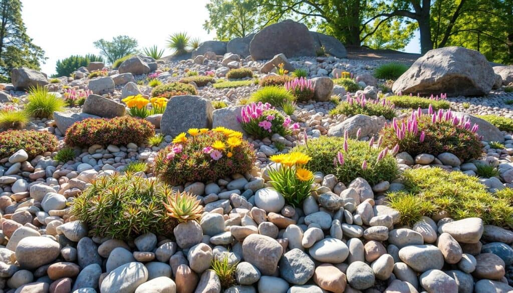 A picturesque rock garden filled with vibrant plants and flowers, showcasing a variety of textures and colors. In the foreground, clusters of hardy alpine plants, like Sedum and Creeping Thyme, emerge between smooth, colorful pebbles. The middle layer features cheerful blooms such as bright yellow Stonecrops and delicate pink Saxifrages, adding life and color. In the background, a gentle sloping hill with larger boulders creates depth, shaded by the warm rays of soft sunlight filtering through leafy trees, casting playful shadows. The atmosphere is serene and inviting, perfect for a peaceful garden retreat. Capture this scene with a wide-angle lens, emphasizing the harmonious blend of nature and stone in clear, bright natural light. A picturesque rock garden filled with vibrant plants and flowers, showcasing a variety of textures and colors. In the foreground, clusters of hardy alpine plants, like Sedum and Creeping Thyme, emerge between smooth, colorful pebbles. The middle layer features cheerful blooms such as bright yellow Stonecrops and delicate pink Saxifrages, adding life and color. In the background, a gentle sloping hill with larger boulders creates depth, shaded by the warm rays of soft sunlight filtering through leafy trees, casting playful shadows. The atmosphere is serene and inviting, perfect for a peaceful garden retreat. Capture this scene with a wide-angle lens, emphasizing the harmonious blend of nature and stone in clear, bright natural light.