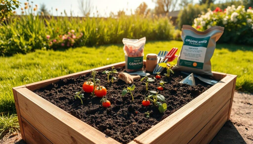 A picturesque scene for a DIY garden project, showcasing a freshly built raised bed garden in a vibrant backyard. In the foreground, a wooden raised bed crafted from untreated cedar boards, filled with rich, dark soil and vibrant seedlings like tomatoes and peppers peeking through. In the middle ground, various gardening materials are neatly arranged, including a bag of organic compost, a small set of hand tools, and a pair of gardening gloves, all illuminated by soft, warm sunlight. In the background, lush green grass and blooming flowers create a serene atmosphere, while a clear blue sky enhances the peaceful setting. The overall mood is inviting and encouraging, ideal for novice gardeners ready for a weekend project.