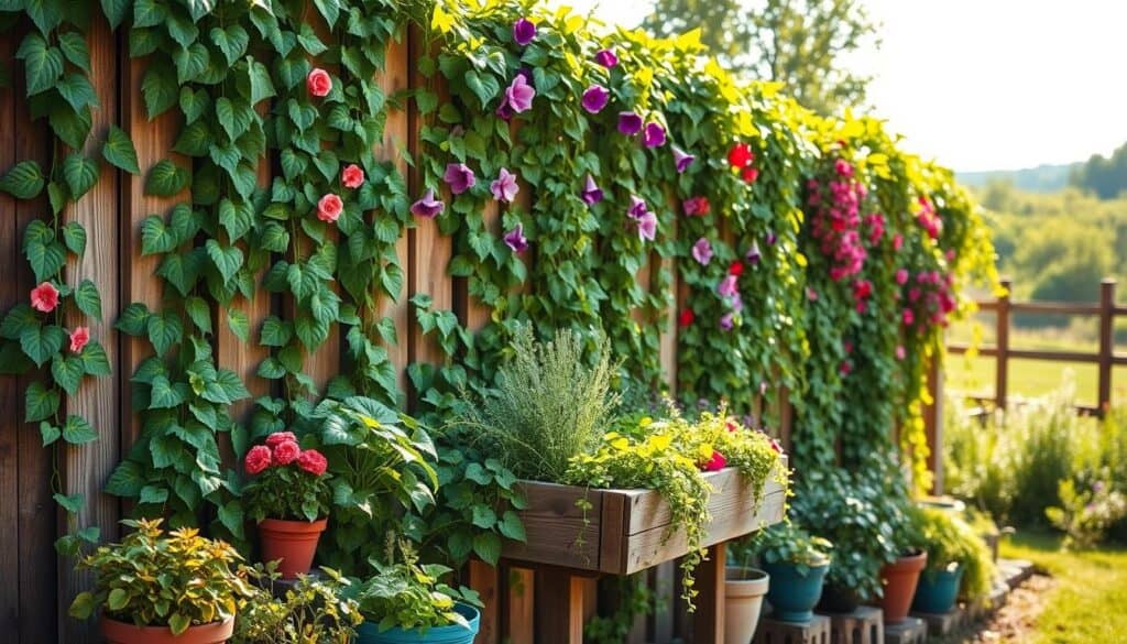 A picturesque scene of vertical gardening on a wooden fence, showcasing an array of vibrant climbing plants like ivy, clematis, and morning glories draped elegantly. In the foreground, potted herbs and flowers add color, with a rustic wooden planter box filled with lush greenery. The middle ground features the wooden fence, covered in lush climbing plants that cascade down, creating a natural tapestry. Soft sunlight filters through leaves, casting gentle dappled shadows. The background includes a serene garden landscape with soft focus, enhancing the sense of depth and tranquility. The atmosphere conveys a sense of lush abundance and the joy of gardening, inviting viewers to appreciate the beauty and techniques of vertical gardening under bright, natural light.