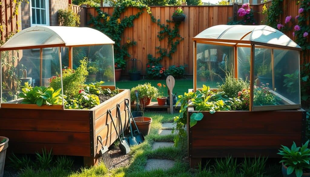 A picturesque small backyard featuring elevated covered garden beds filled with vibrant greenery and seasonal vegetables. In the foreground, two richly stained wooden raised beds are covered with transparent protective cloches, creating a bright and inviting atmosphere under soft natural light. In the middle space, various potted herbs and flowers add bursts of color, while garden tools are neatly organized nearby. The background showcases a small verdant lawn and a wooden fence draped with flowering vines, further enhancing the cozy garden vibe. The scene is captured from a slightly elevated angle, emphasizing the structure of the beds and the lush plants, all illuminated by gentle sunlight that casts soft shadows. The overall mood is warm and serene, conveying a sense of tranquility and productive gardening. A picturesque small backyard featuring elevated covered garden beds filled with vibrant greenery and seasonal vegetables. In the foreground, two richly stained wooden raised beds are covered with transparent protective cloches, creating a bright and inviting atmosphere under soft natural light. In the middle space, various potted herbs and flowers add bursts of color, while garden tools are neatly organized nearby. The background showcases a small verdant lawn and a wooden fence draped with flowering vines, further enhancing the cozy garden vibe. The scene is captured from a slightly elevated angle, emphasizing the structure of the beds and the lush plants, all illuminated by gentle sunlight that casts soft shadows. The overall mood is warm and serene, conveying a sense of tranquility and productive gardening.