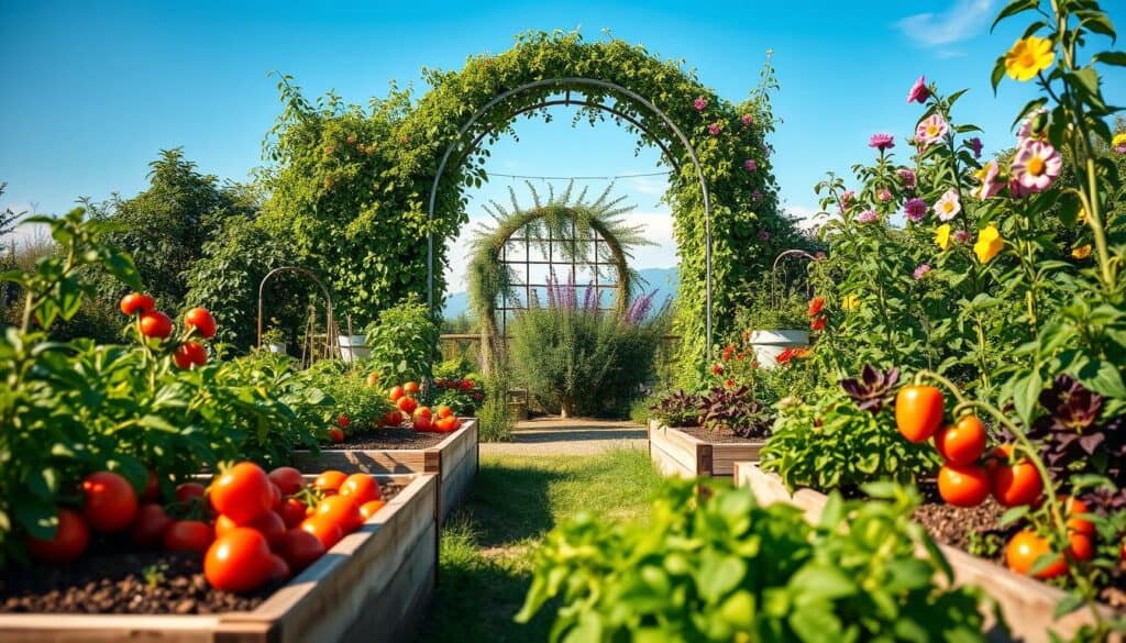 A picturesque vegetable garden featuring a charming archway adorned with climbing plants and vibrant flowers. In the foreground, raised beds overflowing with colorful vegetables like tomatoes, peppers, and leafy greens are neatly arranged. The middle ground showcases the elegant arch, draped in lush greenery, creating a vertical trellis effect. In the background, a clear blue sky bathes the scene in soft sunlight, illuminating the garden's vibrant colors. The composition captures a serene and inviting atmosphere, emphasizing the integration of vertical elements in gardening. The image is taken from a slightly elevated angle, allowing for a broad view of the garden layout, enhancing the sense of depth and organization in this idyllic outdoor space.