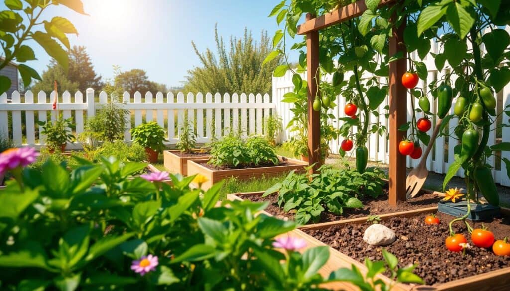 A picturesque view of small vegetable gardens nestled in a sunny backyard, showcasing vibrant fruiting vegetables such as tomatoes, peppers, and cucumbers thriving in raised beds. In the foreground, lush green plants are interspersed with blooming flowers, while a wooden trellis supports climbing vegetables. The middle section features neatly arranged beds with rich soil and healthy greenery, surrounded by rustic garden tools and decorative stones. In the background, a white picket fence and a clear blue sky enhance the inviting atmosphere. Warm, soft sunlight filters through the leaves, creating a serene and productive mood, captured with a wide-angle lens for a bright, airy feel.
