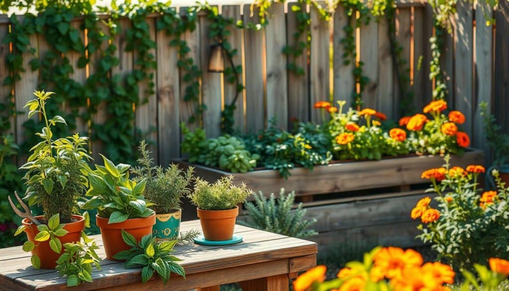 A quaint herb garden bursting with colorful, lush greenery. In the foreground, vibrant pots of basil, rosemary, and thyme sit atop a rustic wooden table, surrounded by cute garden tools. The middle ground features a charming raised bed overflowing with diverse herbs, bordered by cheerful marigolds, all basking in soft, golden sunlight. In the background, a cozy fence made of reclaimed wood complements the scene, with climbing vines and hanging lanterns casting gentle shadows. The atmosphere is warm and inviting, embodying a sense of tranquility and creativity in a well-tended outdoor space. The image should have a focus on natural lighting, capturing the glow of soft sunlight filtering through the leaves, enhancing the beauty of this functional and cute herb garden.