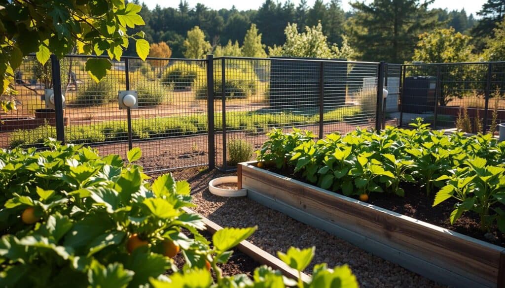 A raised bed garden surrounded by a modern wildlife exclusion system, featuring sleek fencing and high-tech deterrent devices. In the foreground, vibrant green plants thrive in the garden beds, with ripe vegetables peeking through the leaves. The middle ground showcases an intricate arrangement of metal and mesh barriers, artistically designed to blend in with the natural environment. A gentle sunlight filters through the leaves, casting soft shadows and creating a warm atmosphere. In the background, a serene landscape of trees and bushes adds depth. Utilize a wide-angle lens for an expansive view, emphasizing the harmony between advanced wildlife exclusion technology and a flourishing garden. The overall mood is peaceful, balanced, and environmentally friendly.