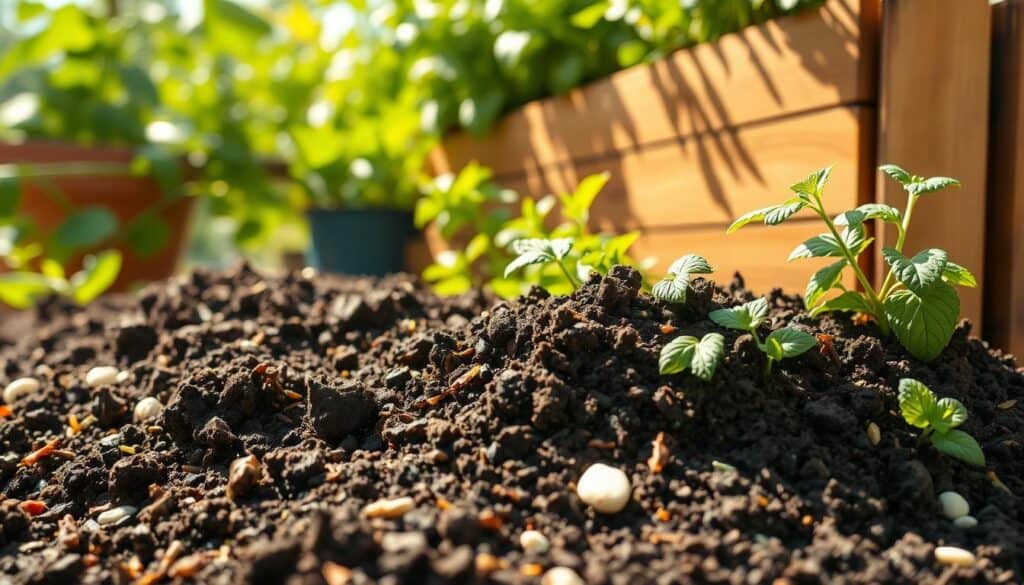 A realistic close-up view of organic potting soil in a vertical container garden setup, showcasing rich, dark, crumbly soil filled with vibrant green herbs like basil, mint, and parsley. In the foreground, the soil is mixed with organic mulch and small pebbles. The middle ground features a sturdy vertical wooden planter with various levels, bathed in bright natural light and soft sunlight filtering through nearby leaves. The background is softly blurred, hinting at a sunny balcony or garden, enhancing the airy, well-lit atmosphere of an ideal herb-growing space. The overall mood is fresh and inviting, emphasizing a sustainable approach to gardening while managing pests and diseases effectively.