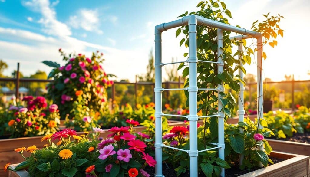 A realistic depiction of a PVC pipe garden trellis, standing gracefully in a vibrant raised bed garden. The foreground features the trellis constructed from white PVC pipes, showcasing its simple yet effective design, emphasizing vertical growth for climbing plants. In the middle ground, colorful blossoming flowers and lush green vegetables thrive around the base of the trellis, highlighting the trellis's role in maximizing garden space. The background is a soft-focus of a sunny day, with bright blue skies and wispy clouds, casting warm, soft sunlight over the scene. The whole atmosphere is inviting and serene, perfect for a thriving garden. Shot with a moderate wide-angle lens to capture the full scope of this budget-friendly gardening solution. A realistic depiction of a PVC pipe garden trellis, standing gracefully in a vibrant raised bed garden. The foreground features the trellis constructed from white PVC pipes, showcasing its simple yet effective design, emphasizing vertical growth for climbing plants. In the middle ground, colorful blossoming flowers and lush green vegetables thrive around the base of the trellis, highlighting the trellis's role in maximizing garden space. The background is a soft-focus of a sunny day, with bright blue skies and wispy clouds, casting warm, soft sunlight over the scene. The whole atmosphere is inviting and serene, perfect for a thriving garden. Shot with a moderate wide-angle lens to capture the full scope of this budget-friendly gardening solution.
