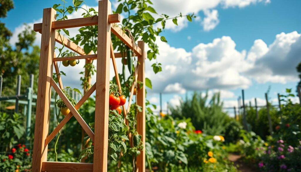 A realistic homemade vegetable trellis standing in a vibrant garden. In the foreground, the trellis is made of light-colored wood, featuring sturdy vertical poles and a crisscross design, supporting climbing plants like tomatoes and cucumbers. The middle ground showcases lush, green vegetables and colorful flowers, creating a thriving garden atmosphere. In the background, a blue sky with fluffy white clouds filters soft sunlight, casting gentle shadows on the ground. The scene is well-lit, emphasizing the textures of the wood and the fresh greenery. The mood is inviting and serene, a perfect illustration of a well-maintained vegetable garden. The angle captures the trellis from a slightly low view, highlighting its importance in supporting healthy plant growth.