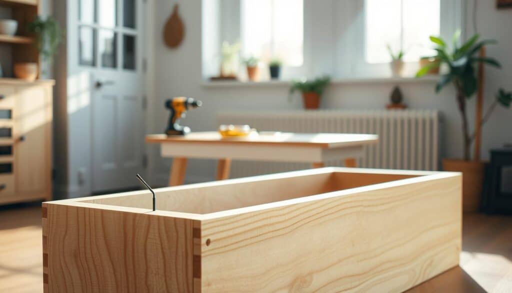 A realistic indoor scene featuring a DIY sub-irrigated planter box made from a single sheet of plywood. In the foreground, the planter is positioned prominently, showcasing the fill tube installed at one end, with a visible overflow drainage system at the opposite end. The wood grain is detailed and natural, emphasizing craftsmanship. In the middle ground, a soft-focus table with tools like a drill and measuring tape subtly suggests the building process. In the background, bright natural light pours in through a nearby window, casting soft shadows and enhancing the airy atmosphere. The mood is calm and inspiring, inviting viewers to engage with the DIY project visually. The image captures a close-up perspective, highlighting the textures of the wood and the functionality of the planter features. A realistic indoor scene featuring a DIY sub-irrigated planter box made from a single sheet of plywood. In the foreground, the planter is positioned prominently, showcasing the fill tube installed at one end, with a visible overflow drainage system at the opposite end. The wood grain is detailed and natural, emphasizing craftsmanship. In the middle ground, a soft-focus table with tools like a drill and measuring tape subtly suggests the building process. In the background, bright natural light pours in through a nearby window, casting soft shadows and enhancing the airy atmosphere. The mood is calm and inspiring, inviting viewers to engage with the DIY project visually. The image captures a close-up perspective, highlighting the textures of the wood and the functionality of the planter features.