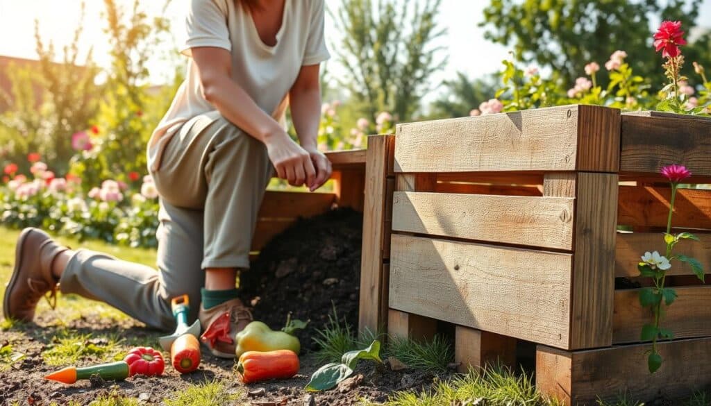 A realistic outdoor scene depicting a person troubleshooting a compost bin made from wooden pallets. In the foreground, the person, wearing modest casual clothing, is kneeling beside the compost bin, checking the compost material for moisture and aeration. Surrounding them are colorful garden tools and a few vegetable scraps. In the middle ground, the compost bin, constructed from weathered pallets, shows signs of rich, dark compost peeking through the slats. The background features a lush garden with blooming plants and a bright, clear sky, flooded with soft, natural sunlight. The mood is calm and focused, encouraging problem-solving and hands-on gardening activities. The angle is slightly elevated to capture the compost bin and the person effectively. A realistic outdoor scene depicting a person troubleshooting a compost bin made from wooden pallets. In the foreground, the person, wearing modest casual clothing, is kneeling beside the compost bin, checking the compost material for moisture and aeration. Surrounding them are colorful garden tools and a few vegetable scraps. In the middle ground, the compost bin, constructed from weathered pallets, shows signs of rich, dark compost peeking through the slats. The background features a lush garden with blooming plants and a bright, clear sky, flooded with soft, natural sunlight. The mood is calm and focused, encouraging problem-solving and hands-on gardening activities. The angle is slightly elevated to capture the compost bin and the person effectively.