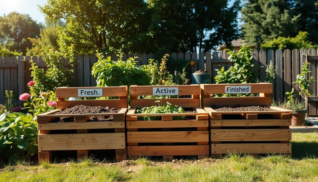 A realistic three-bin composting system constructed from wooden pallets, set in a vibrant backyard garden. In the foreground, the bins are clearly visible, each labeled with essential composting stages: fresh, active, and finished compost. The middle ground showcases lush greenery, including vegetable plants and flowering shrubs, bathed in warm, soft sunlight that filters through the trees overhead. The background features a charming wooden fence and a clear blue sky, enhancing the serene atmosphere. The scene conveys a sense of productivity and harmony with nature, aiming for a bright and inviting mood. Capture this from a slightly elevated angle to highlight the tiered structure of the compost bins, ensuring a natural and airy feel throughout the image. A realistic three-bin composting system constructed from wooden pallets, set in a vibrant backyard garden. In the foreground, the bins are clearly visible, each labeled with essential composting stages: fresh, active, and finished compost. The middle ground showcases lush greenery, including vegetable plants and flowering shrubs, bathed in warm, soft sunlight that filters through the trees overhead. The background features a charming wooden fence and a clear blue sky, enhancing the serene atmosphere. The scene conveys a sense of productivity and harmony with nature, aiming for a bright and inviting mood. Capture this from a slightly elevated angle to highlight the tiered structure of the compost bins, ensuring a natural and airy feel throughout the image.