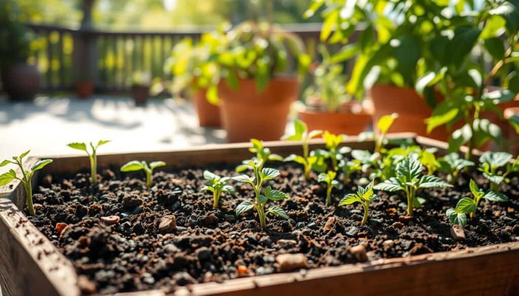 A rich, dark container gardening soil displayed in a rustic wooden planter, surrounded by vibrant green vegetable seedlings like tomatoes, peppers, and herbs. In the foreground, the soil texture is detailed with small pebbles and organic matter visibly mixed in. The middle background features a sunny patio deck with light filtering through leafy plants, creating dappled shadows on the surface. Soft, natural light enhances the earthy tones, adding warmth and vitality to the scene. A gentle breeze ruffles the leaves, evoking a sense of freshness and growth, while a blurred garden backdrop provides a tranquil atmosphere. The overall mood is uplifting and encouraging, reflecting a close connection to nature. A rich, dark container gardening soil displayed in a rustic wooden planter, surrounded by vibrant green vegetable seedlings like tomatoes, peppers, and herbs. In the foreground, the soil texture is detailed with small pebbles and organic matter visibly mixed in. The middle background features a sunny patio deck with light filtering through leafy plants, creating dappled shadows on the surface. Soft, natural light enhances the earthy tones, adding warmth and vitality to the scene. A gentle breeze ruffles the leaves, evoking a sense of freshness and growth, while a blurred garden backdrop provides a tranquil atmosphere. The overall mood is uplifting and encouraging, reflecting a close connection to nature.
