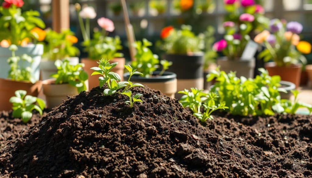 A rich, earthy mound of organic potting soil is prominently displayed in the foreground, with a focus on its texture and granules sparkling slightly in the soft, natural light. Surrounding the soil are small, vibrant herbs like basil and parsley in vertical containers, showcasing their lush green leaves contrasted against the dark earth. In the middle ground, various container gardening setups are visible, highlighting affordable and creative designs using repurposed materials. The background features a softly blurred garden setting with hints of colorful flowers and leafy plants, bathed in bright, airy sunshine. This composition evokes a sense of beginner-friendly gardening, inviting and inspirational, ideal for illustrating low-cost gardening solutions.