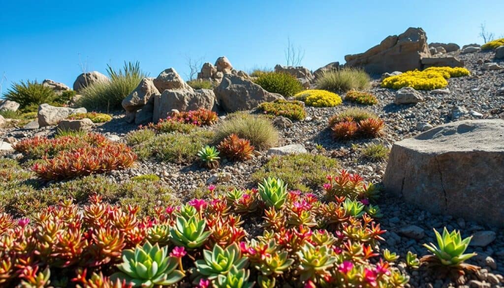 A rocky garden landscape featuring diverse, colorful drought-tolerant groundcovers, such as succulents, creeping thyme, and sedums, thriving amidst natural stone elements. In the foreground, a vibrant mix of low-growing plants with fleshy leaves and delicate flowers creates a rich tapestry of texture and color. The middle ground showcases rugged rocks and pebbles, enhancing the garden's rustic charm, while softly diffused sunlight casts gentle shadows, adding depth. The background features a bright blue sky, promoting a serene and inviting atmosphere. Capture this scene from a slight elevation to emphasize the layering of plants and rocks, evoking a sense of harmony in a drought-resistant landscape. A rocky garden landscape featuring diverse, colorful drought-tolerant groundcovers, such as succulents, creeping thyme, and sedums, thriving amidst natural stone elements. In the foreground, a vibrant mix of low-growing plants with fleshy leaves and delicate flowers creates a rich tapestry of texture and color. The middle ground showcases rugged rocks and pebbles, enhancing the garden's rustic charm, while softly diffused sunlight casts gentle shadows, adding depth. The background features a bright blue sky, promoting a serene and inviting atmosphere. Capture this scene from a slight elevation to emphasize the layering of plants and rocks, evoking a sense of harmony in a drought-resistant landscape.