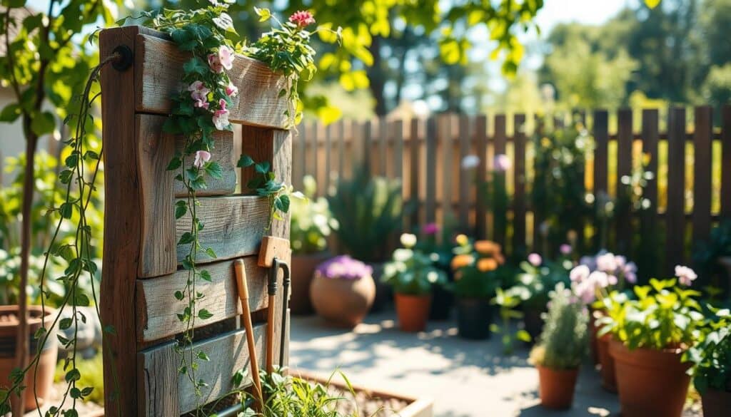 A rustic DIY plant trellis made from reclaimed scrap wood stands prominently in the foreground, showcasing its charming, irregular designs and weathered textures. The trellis supports lush, climbing plants like vine flowers and green ivy, illustrating a beautiful interaction between nature and craft. In the middle ground, a cozy outdoor garden with potted herbs and blooming flowers provides a lively backdrop. The scene is bathed in bright, natural light with soft sunlight filtering through the leaves, creating an inviting and warm atmosphere. The background features a blurred garden fence and hints of distant trees, enhancing the serenity of a well-tended outdoor space. The overall mood captures the essence of tranquility and creativity in DIY gardening.