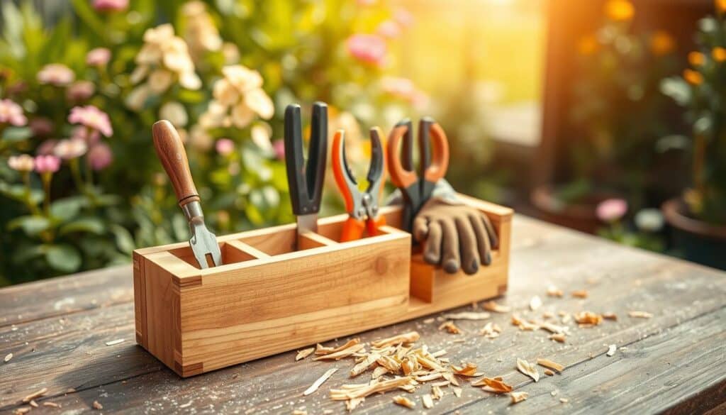 A rustic DIY small tool holder made from scrap wood, designed for efficient garden tool storage. The foreground features a handcrafted wooden organizer with various compartments for tools and gloves, displaying a trowel, pruning shears, and a pair of gardening gloves. In the middle, the tool holder is set on a weathered workbench with scattered wood shavings, highlighting the crafting process. The background shows a sunny garden scene with blooming flowers and lush greenery, illuminated by soft, natural sunlight, creating an inviting atmosphere. The image captures a warm, homely feel, emphasizing the charm of DIY woodworking projects. The angle is slightly tilted to showcase both the tool holder and the garden backdrop. A rustic DIY small tool holder made from scrap wood, designed for efficient garden tool storage. The foreground features a handcrafted wooden organizer with various compartments for tools and gloves, displaying a trowel, pruning shears, and a pair of gardening gloves. In the middle, the tool holder is set on a weathered workbench with scattered wood shavings, highlighting the crafting process. The background shows a sunny garden scene with blooming flowers and lush greenery, illuminated by soft, natural sunlight, creating an inviting atmosphere. The image captures a warm, homely feel, emphasizing the charm of DIY woodworking projects. The angle is slightly tilted to showcase both the tool holder and the garden backdrop.