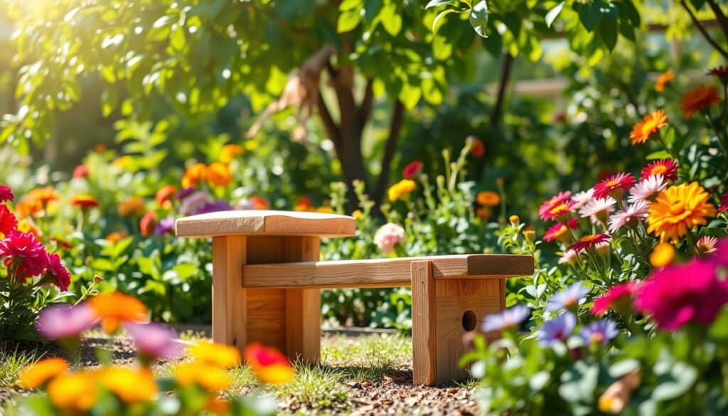 A rustic garden kneeler and seat made from two pieces of wood, elegantly placed in a vibrant garden brimming with colorful flowers and lush greenery. The kneeler, cushioned with soft, durable padding, is positioned at a thoughtful height while the seat is sturdy yet inviting. Bright, natural sunlight filters through the leaves above, casting gentle shadows to create an airy, well-lit atmosphere. The image composition highlights the functional design, showcasing the versatility of the kneeler and seat in a gardening environment. The focus is sharp, with a depth of field that softly blurs the background, drawing attention to the wood's natural grain and craftsmanship. The mood is serene and inviting, reflecting the joy of gardening. A rustic garden kneeler and seat made from two pieces of wood, elegantly placed in a vibrant garden brimming with colorful flowers and lush greenery. The kneeler, cushioned with soft, durable padding, is positioned at a thoughtful height while the seat is sturdy yet inviting. Bright, natural sunlight filters through the leaves above, casting gentle shadows to create an airy, well-lit atmosphere. The image composition highlights the functional design, showcasing the versatility of the kneeler and seat in a gardening environment. The focus is sharp, with a depth of field that softly blurs the background, drawing attention to the wood's natural grain and craftsmanship. The mood is serene and inviting, reflecting the joy of gardening.