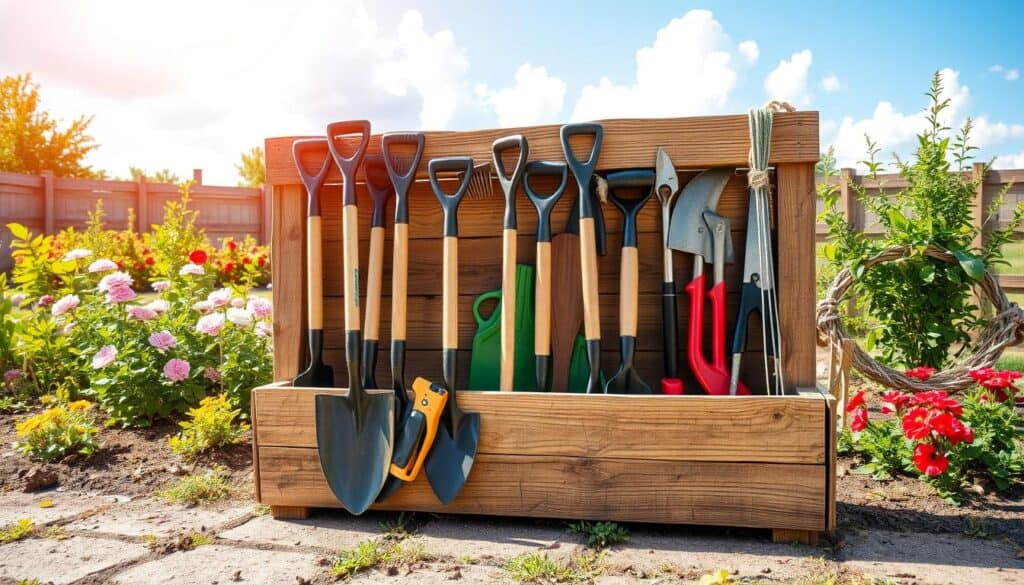 A rustic garden tool storage setup made from repurposed scrap wood, showcasing a well-organized arrangement of various gardening tools such as shovels, rakes, and pruners. In the foreground, focus on the wooden storage unit, featuring natural wood textures and a weathered finish that highlights its handmade charm. The middle ground displays a lush garden with vibrant flowers and greenery, while the background consists of a clear blue sky and soft fluffy clouds, filtering warm sunlight over the scene. Capture the image from a slightly elevated angle to emphasize the rustic craftsmanship and the tools' accessibility. The atmosphere should feel inviting and serene, embodying a tranquil garden sanctuary. A rustic garden tool storage setup made from repurposed scrap wood, showcasing a well-organized arrangement of various gardening tools such as shovels, rakes, and pruners. In the foreground, focus on the wooden storage unit, featuring natural wood textures and a weathered finish that highlights its handmade charm. The middle ground displays a lush garden with vibrant flowers and greenery, while the background consists of a clear blue sky and soft fluffy clouds, filtering warm sunlight over the scene. Capture the image from a slightly elevated angle to emphasize the rustic craftsmanship and the tools' accessibility. The atmosphere should feel inviting and serene, embodying a tranquil garden sanctuary.