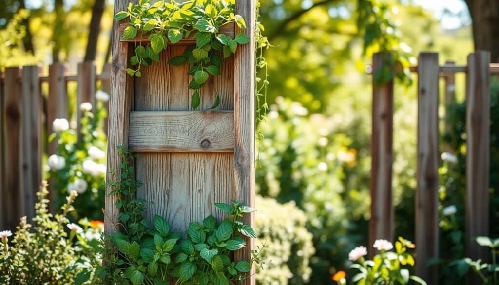 A rustic outdoor scene featuring a ladder-style vertical planter made from two upcycled old wooden boards, positioned against a wooden fence. In the foreground, vibrant green plants cascade down from the planter, showcasing a variety of herbs and flowers. The middle ground highlights the weathered texture of the wooden boards, with visible grain and knots, enhancing the eco-friendly aesthetic. The background is a blurred garden filled with blossoms and greenery, creating an inviting atmosphere. Bright, soft sunlight filters through trees overhead, creating dappled light effects on the scene. Capture the image from a slightly elevated angle, emphasizing the planter's height and the lush plants. The mood is cheerful and inspiring, celebrating sustainable gardening.