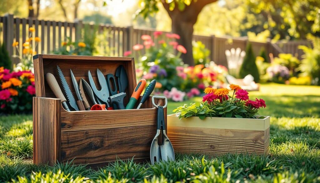 A rustic outdoor tool storage box made from reclaimed wood, showcasing unique wood grain patterns and a weathered charm. The box is positioned prominently in the foreground, with a neatly organized collection of gardening tools, such as shears, trowels, and gloves, elegantly displayed next to it. In the middle ground, a vibrant garden bursts with colorful flowers and greenery, complementing the earthy tones of the storage box. The background features a soft-focus view of a serene garden setting, basking in bright natural light and soft sunlight filtering through tree branches. The scene conveys a warm, inviting atmosphere, perfect for DIY enthusiasts. Photograph captured at eye level with a shallow depth of field for a lifelike quality. A rustic outdoor tool storage box made from reclaimed wood, showcasing unique wood grain patterns and a weathered charm. The box is positioned prominently in the foreground, with a neatly organized collection of gardening tools, such as shears, trowels, and gloves, elegantly displayed next to it. In the middle ground, a vibrant garden bursts with colorful flowers and greenery, complementing the earthy tones of the storage box. The background features a soft-focus view of a serene garden setting, basking in bright natural light and soft sunlight filtering through tree branches. The scene conveys a warm, inviting atmosphere, perfect for DIY enthusiasts. Photograph captured at eye level with a shallow depth of field for a lifelike quality.