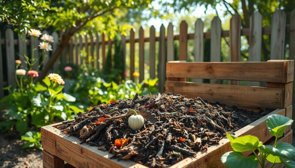 A rustic pallet compost bin, beautifully assembled from weathered wooden pallets, set in a lush garden. In the foreground, the compost bin is filled with rich, dark compost, showcasing vibrant layers of vegetable scraps and dried leaves. The middle ground features blooming flowers and green vegetables growing nearby, enhancing the garden's lively atmosphere. Soft sunlight filters through the leaves, creating dappled light patterns on the ground. In the background, a quaint wooden fence encircles the garden, complementing the rustic theme. The overall mood is inviting and serene, emphasizing the practicality of using pallets for composting. Capture this scene with a wide-angle lens to convey depth, focusing on the textures of the wood and the earthiness of the compost. A rustic pallet compost bin, beautifully assembled from weathered wooden pallets, set in a lush garden. In the foreground, the compost bin is filled with rich, dark compost, showcasing vibrant layers of vegetable scraps and dried leaves. The middle ground features blooming flowers and green vegetables growing nearby, enhancing the garden's lively atmosphere. Soft sunlight filters through the leaves, creating dappled light patterns on the ground. In the background, a quaint wooden fence encircles the garden, complementing the rustic theme. The overall mood is inviting and serene, emphasizing the practicality of using pallets for composting. Capture this scene with a wide-angle lens to convey depth, focusing on the textures of the wood and the earthiness of the compost.
