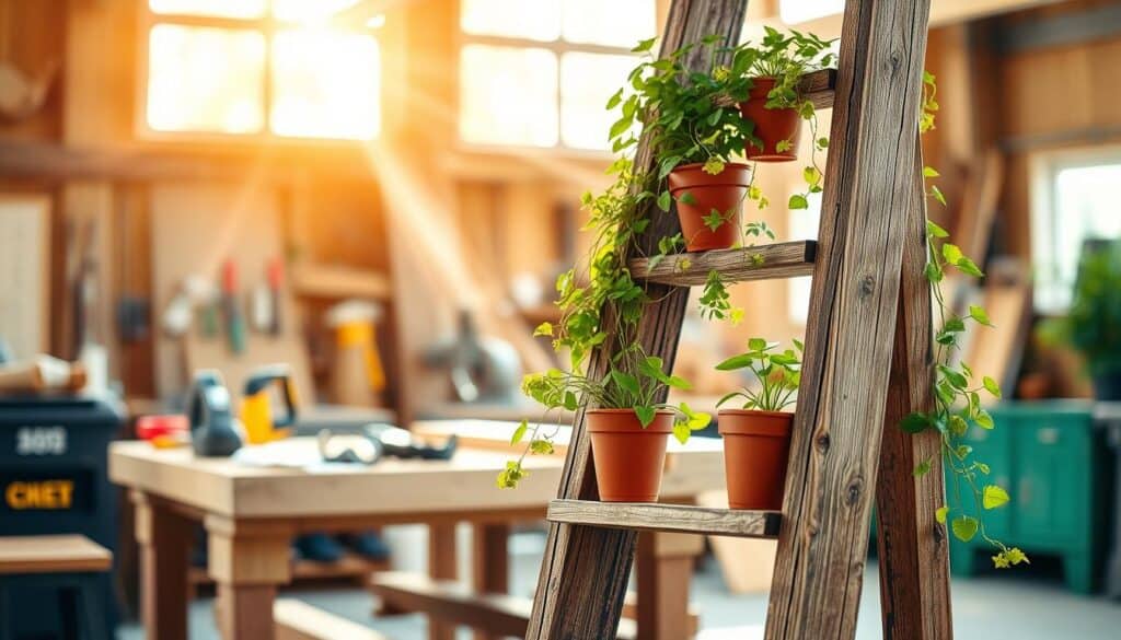 A rustic scrap wood ladder planter, creatively designed from two old boards, stands prominently in the foreground. The ladder, aged with a weathered patina, displays vibrant green plants cascading from each step, flourishing in terracotta pots. In the middle ground, a soft-focus workbench with woodworking tools shows safety equipment like goggles and gloves, emphasizing safety tips. The background features a warm, sunlit workshop, with beams of bright natural light streaming through windows, creating a cozy and inviting ambiance. The overall mood is peaceful and industrious, capturing the essence of DIY woodworking while promoting a safe environment. The scene is shot from a low angle to accentuate the height of the ladder and the plants, with bright and soft lighting illuminating the entire composition.