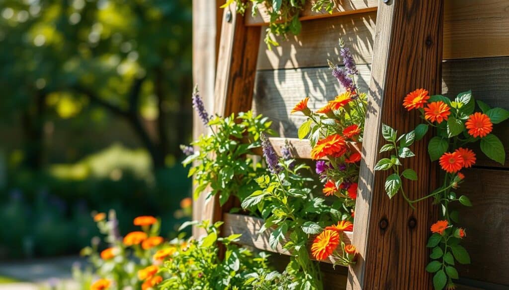 A rustic vertical garden made from two weathered wooden boards, artfully arranged in a ladder style, featuring an array of vibrant herbs and colorful flowers cascading from each level. In the foreground, lush green plants like basil, lavender, and marigolds spill over the edges of the planter, showcasing their textures and colors. The middle ground presents the weathered boards, displaying rich wood grain and a few rustic finishes like natural varnish and protective oils that enhance the wood's charm. The background features a soft-focus garden scene with dappled sunlight filtering through trees, creating an inviting and serene atmosphere. The image is brightly lit with soft sunlight, capturing a warm, homey ambiance that invites creativity and inspiration. The composition is taken at a slight angle to highlight the depth of the ladder planter while maintaining a clear focus on its rustic beauty.