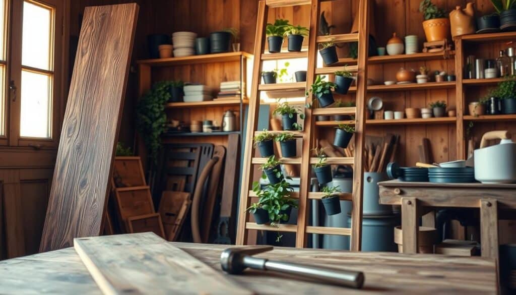 A rustic workshop scene showcasing a "How to Build a Ladder-Style Vertical Planter from Two Old Boards." In the foreground, two weathered wooden boards are leaning against a sturdy workbench, with detailed tools like a hammer and saw resting nearby. In the middle ground, a partially constructed ladder planter frame is visible, adorned with small potted plants cascading down its rungs, illustrating the vertical design. The background features shelves filled with gardening supplies and tools, bathed in soft, warm sunlight filtering through a window, creating a cozy, inviting atmosphere. The image is well-composed, capturing a close-up angle that highlights both the craftsmanship and the natural, vibrant colors of the plants.