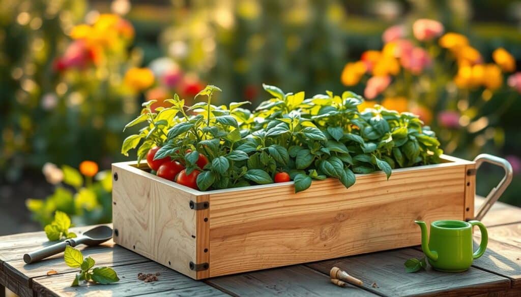 A self-watering vegetable planter made from a single sheet of plywood, featuring lush green plants such as tomatoes, basil, and lettuce thriving in a well-structured, raised box. The foreground emphasizes the planter filled with vibrant vegetables, showcasing the water reservoir and wicking system. In the middle, the planter is placed on a rustic wooden table, surrounded by gardening tools like a trowel and watering can. The background features a soft-focus garden with hints of colorful flowers, illuminated by warm, soft sunlight that creates a serene, inviting atmosphere. The image should evoke a sense of harmony and productivity, highlighting the sustainable gardening concept. Use a slightly elevated angle to capture the details of the plants and the craftsmanship of the planter. A self-watering vegetable planter made from a single sheet of plywood, featuring lush green plants such as tomatoes, basil, and lettuce thriving in a well-structured, raised box. The foreground emphasizes the planter filled with vibrant vegetables, showcasing the water reservoir and wicking system. In the middle, the planter is placed on a rustic wooden table, surrounded by gardening tools like a trowel and watering can. The background features a soft-focus garden with hints of colorful flowers, illuminated by warm, soft sunlight that creates a serene, inviting atmosphere. The image should evoke a sense of harmony and productivity, highlighting the sustainable gardening concept. Use a slightly elevated angle to capture the details of the plants and the craftsmanship of the planter.
