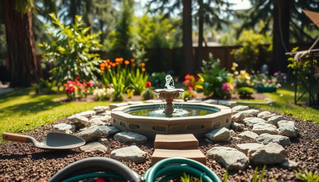 A serene DIY garden water feature setup showcasing a small, elegant pond with a gentle bubbling fountain at its center. In the foreground, display essential tools and materials like a shovel, a hose, and decorative stones. The middle ground features the pond surrounded by vibrant greenery, colorful flowers, and a few rustic wooden stepping stones leading to the water. In the background, tall trees cast soft sunlight, creating a tranquil atmosphere. The scene is bathed in bright, natural light, highlighting the textures of the materials. The composition should be captured from a slightly elevated angle, offering a clear view of the water feature and the DIY tools, evoking a sense of peaceful creativity and outdoor charm. A serene DIY garden water feature setup showcasing a small, elegant pond with a gentle bubbling fountain at its center. In the foreground, display essential tools and materials like a shovel, a hose, and decorative stones. The middle ground features the pond surrounded by vibrant greenery, colorful flowers, and a few rustic wooden stepping stones leading to the water. In the background, tall trees cast soft sunlight, creating a tranquil atmosphere. The scene is bathed in bright, natural light, highlighting the textures of the materials. The composition should be captured from a slightly elevated angle, offering a clear view of the water feature and the DIY tools, evoking a sense of peaceful creativity and outdoor charm.