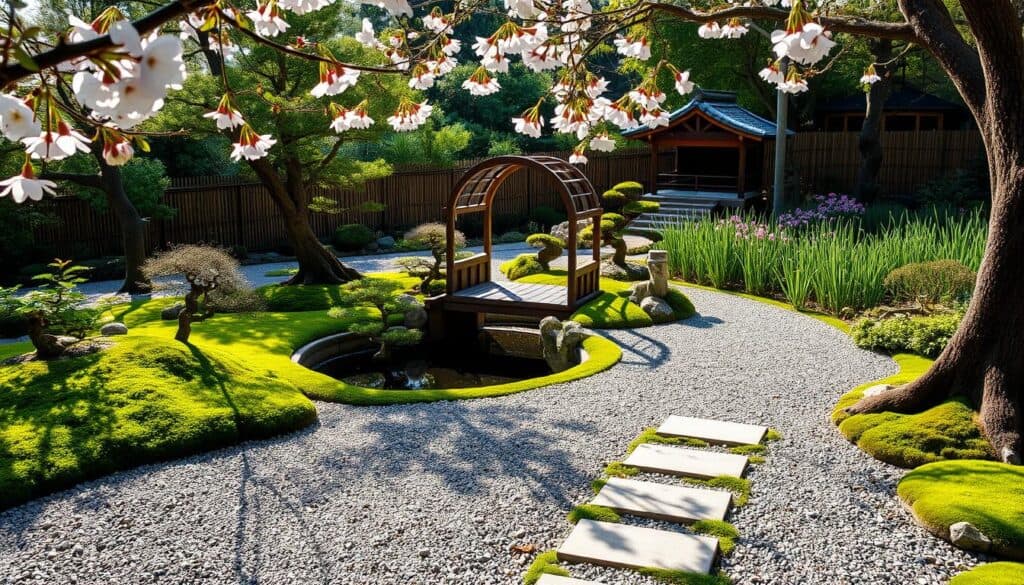 A serene Japanese garden, showcasing a harmonious blend of nature and design. In the foreground, a meticulously raked gravel path winds through vibrant green moss, flanked by neatly placed stepping stones. Delicate cherry blossom branches extend overhead, and a small koi pond glistens under the soft, warm sunlight. In the middle, a traditional wooden arched bridge spans the pond, surrounded by lush ferns and carefully pruned bonsai trees. The background features a bamboo fence and a softly lit tea house, nestled among tall grass and azaleas. Capture this scene with a high-angle view, emphasizing the tranquility and balance, bathed in bright, airy natural light that enhances the peaceful atmosphere of the space.