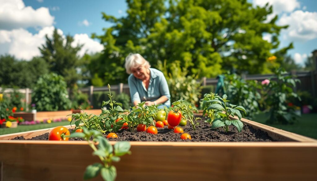 A serene above-ground gardening scene showcasing a newly built raised bed garden in a lush backyard. In the foreground, vibrant vegetables like tomatoes and peppers are vividly arranged in neatly planted soil within the wooden raised bed, surrounded by colorful flower borders. The middle ground features a gardener, a middle-aged Caucasian woman in modest casual clothing, kneeling with a small trowel, tenderly checking the plants. The background includes a sunny blue sky, fluffy white clouds, and green trees providing a natural frame. Soft sunlight bathes the scene in warmth, highlighting the textures of the wooden bed and the rich soil. The image conveys a peaceful and inviting atmosphere, perfect for encouraging others to start their gardening journey.