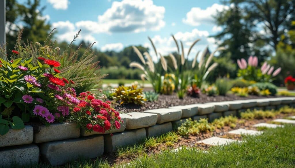 A serene and inviting low-maintenance garden border featuring neatly arranged concrete and stone pavers, structured in a gentle curve. The foreground includes vibrant green plants and colorful flowering perennials spilling gently over the edges, while the pavers are weathered, giving a rustic charm. In the middle ground, a well-mulched garden bed showcases diverse foliage, with a few ornamental grasses adding texture. The background is filled with a soft-focus garden scene, including trees and a bright blue sky dotted with fluffy clouds. The lighting is bright and natural, casting soft shadows for depth. The overall mood is peaceful and harmonious, ideal for a tranquil outdoor space, captured from a slightly elevated angle to emphasize the border's design. A serene and inviting low-maintenance garden border featuring neatly arranged concrete and stone pavers, structured in a gentle curve. The foreground includes vibrant green plants and colorful flowering perennials spilling gently over the edges, while the pavers are weathered, giving a rustic charm. In the middle ground, a well-mulched garden bed showcases diverse foliage, with a few ornamental grasses adding texture. The background is filled with a soft-focus garden scene, including trees and a bright blue sky dotted with fluffy clouds. The lighting is bright and natural, casting soft shadows for depth. The overall mood is peaceful and harmonious, ideal for a tranquil outdoor space, captured from a slightly elevated angle to emphasize the border's design.