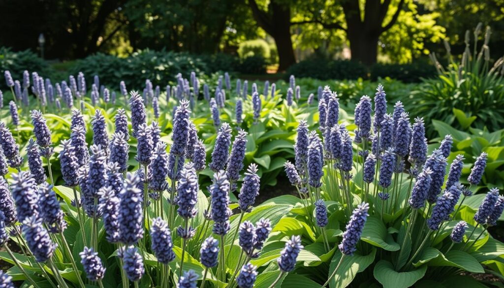 A serene and inviting shade garden featuring lush hostas with broad, green leaves and clusters of delicate lavender flowers. In the foreground, display a neatly arranged collection of lavender plants, showcasing their textured blooms and vibrant purple hues. The middle ground should highlight lush hostas providing a vibrant backdrop, showcasing their variegated leaves in various shades of green. In the background, incorporate soft, dappled sunlight filtering through a tree canopy, casting gentle shadows across the garden. The mood should be tranquil and refreshing, evoking a sense of peaceful outdoor living with an emphasis on sustainable, easy-care landscaping. Use natural lighting to enhance the colors and textures, captured at a slightly elevated angle to showcase the layout and health of the plants.