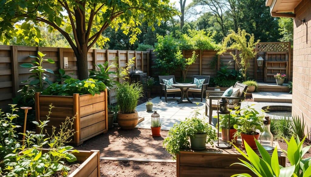 A serene and lush backyard showcasing sustainable and eco-friendly upgrades. In the foreground, there's a well-maintained vegetable garden with thriving plants and a wooden compost bin, all set against soft, natural light filtering through the trees. In the middle ground, a stylish patio area features reclaimed wooden furniture, adorned with potted herbs and solar-powered lanterns, inviting for outdoor gatherings. To the background, a vibrant rainwater harvesting system can be seen along with permeable paving and a small, tranquil pond to support local wildlife. The scene captures an inviting and harmonious atmosphere, emphasizing a connection with nature and sustainable living. The composition is taken from a slightly elevated angle to capture the full layout, with bright sunlight enhancing the colors and details of the eco-friendly features.